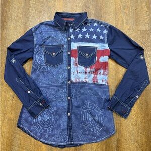 Affliction flag, americana, western, long sleeve blouse. Size small